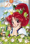  90s animal_costume asuka_120_percent blue_hair blush brown_eyes brown_hair crown embarrassed flower frog frog_costume hands_on_own_cheeks hands_on_own_face honda_asuka houjou_torami ishida_atsuko jewelry long_hair microphone multiple_girls official_art ponytail red_eyes red_hair redhead ring scan school_uniform serafuku shindou_tamaki short_hair smile suzuki_megumi toyota_karina white_hair 