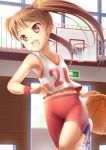  :d basketball basketball_hoop basketball_jersey basketball_uniform bike_shorts brown_hair character_request clothes_writing endou_hiroto highres long_hair midriff navel open_mouth original red_eyes revision smile solo sportswear twintails 