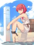  barefoot barrel breasts cuffs feet foge long_hair looking_at_viewer magi_the_labyrinth_of_magic morgiana red_hair redhead shackles side_ponytail sideboob sitting solo water yellow_eyes 