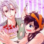  black_hair blue_eyes cake food food_on_face fork fruit headband jojo_no_kimyou_na_bouken lotrmphobibfgd13 multiple_boys narancia_ghirga pannacotta_fugo purple_eyes short_hair strawberies strawberry violet_eyes white_hair 