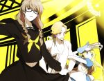  alice_(wonderland)_(cosplay) blonde_hair blue_eyes blush braid claws cosplay crossdressinging dress glasses kuma_(persona_4) marilyn_monroe_(cosplay) midriff mu_tation multiple_boys narukami_yuu persona persona_4 persona_4_the_golden tatsumi_kanji twin_braids 