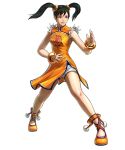  1girl bangle black_hair blue_eyes bracelet china_dress chinese_clothes closed_mouth dress female fighting_stance flats full_body jewelry ling_xiaoyu namco no_socks official_art orange_dress project_x_zone scrunchie short_shorts shorts side_slit simple_background sleeveless small_breasts smile solo tassel tekken twintails white_background 