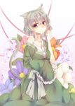  animal_ears bare_shoulders brown_eyes cat_ears cat_tail collarbone flower highres kemonomimi_mode looking_at_viewer mi-chan off_shoulder ribbon short_hair silver_hair soga_no_tojiko solo tail touhou 