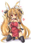  absurdres animal_ears black_legwear blonde_hair breast_squeeze breasts brown_eyes china_dress chinese_clothes dragon dress finger_to_mouth fox_ears fox_tail hair_ribbon heart highres kneeling kuu_(endou_chihiro) large_breasts long_hair original red_dress ribbon sasamashin side_slit smile solo tail thigh-highs thighhighs twintails very_long_hair zettai_ryouiki 