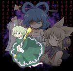  blue_eyes blue_hair brown_hair closed_eyes dress earmuffs evil_smile eyes_closed green_eyes green_hair hair_rings hair_stick hat kaku_seiga manaka_toyomu multiple_girls ofuda smile soga_no_tojiko sword tate_eboshi touhou toyosatomimi_no_miko weapon 