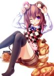 ;d argyle black_legwear blush cassini_m_bisuko cat doughnut food holding long_hair looking_at_viewer open_mouth original purple_eyes sitting smile solo syroh thigh-highs thighhighs violet_eyes wink 