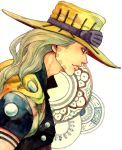  beard blonde_hair cape facial_hair graphite_(medium) gyro_zeppeli hat jojo_no_kimyou_na_bouken long_hair nisabo paint_(medium) profile solo steel_ball_run traditional_media 