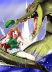  alligator armpits battle blood blue_eyes braid crocodile crocodilian hong_meiling kiku_hitomoji long_hair midriff purple_eyes red_hair redhead revision solo torn_clothes touhou translated twin_braids 