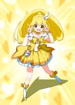  :d blonde_hair boots bowtie brooch choker cure_peace double_v dress jewelry kise_yayoi long_hair open_mouth precure saitom smile smile_precure! solo v yellow yellow_background yellow_dress yellow_eyes 
