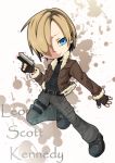  blonde_hair blue_eyes bomber_jacket cargo_pants character_name chibi fingerless_gloves fur_trim gloves gun hair_over_one_eye leon_s_kennedy monoc_(riho) pants pistol resident_evil resident_evil_4 riho_9666 short_hair solo thigh_strap weapon 