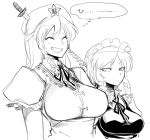  braid breasts greyscale grin height_difference high_contrast hong_meiling huge_breasts izayoi_sakuya knife knifed large_breasts monochrome multiple_girls serious side-by-side simple_background smile space_jin spacezin tears touhou twin_braids white_background 