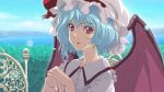  anime_coloring bat_wings blue_hair bust face hat matsudo_aya nature ocean red_eyes remilia_scarlet revision scenery short_hair sky solo touhou wings 
