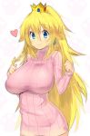  blonde_hair blue_eyes breasts crown earrings finger_twirl hair_twirling heart huge_breasts impossible_clothes impossible_sweater jewelry long_hair magister_(bigbakunyuu) nintendo playing_with_hair princess_peach ribbed_sweater ribbed_turtleneck_sweater smile solo sparkle super_mario_bros. sweater sweater_dress turtleneck turtleneck_sweater 