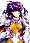  90s bodysuit breasts cape clothed_navel feathers lambda_(langrisser) langrisser langrisser_iv langrisser_v official_art purple_hair urushihara_satoshi white_background 