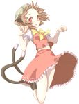  1girl :d animal_ears blush brown_hair cat_ears cat_tail chen earrings jewelry kuronuko_neero legs_up multiple_girls multiple_tails open_mouth paw_pose red_eyes short_hair simple_background single_earring skirt smile solo tail touhou white_background 