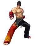  1boy abs bare_shoulders belt black_hair brown_eyes clenched_hand closed_mouth elbow_gloves fighting_stance fingerless_gloves flame_print full_body gloves kazama_jin male_focus muscle muscular_male namco official_art project_x_zone shirtless solo spiky_hair tekken toeless_legwear 