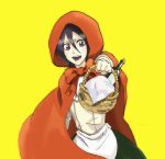  basket beksy black_hair bleach bottle cape cosplay hood kuchiki_rukia little_red_riding_hood little_red_riding_hood_(cosplay) little_red_riding_hood_(grimm) open_mouth purple_eyes short_hair simple_background solo violet_eyes wine yellow_background 