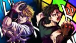  blonde_hair blue_eyes brown_hair dio_brando doyamatsu fingerless_gloves gloves jojo_no_kimyou_na_bouken jonathan_joestar multiple_boys red_eyes stone_mask stone_mask_(jojo) vampire 