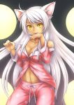  1girl :3 bakemonogatari black_hanekawa breasts cat_ears cat_print cleavage hanekawa_tsubasa hanekawa_tsubasa_(cat) long_hair monogatari_(series) navel nekomonogatari pajamas revision solo spoilers tongue tongue_out tsuji white_hair yellow_eyes 