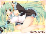  animal_ears barefoot cat_ears detached_sleeves flower green_eyes green_hair hair_flower hair_ornament hatsune_miku headset kemonomimi_mode long_hair looking_at_viewer open_mouth shigunyan skirt smile solo twintails very_long_hair vocaloid 