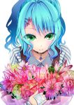  aki_ii blue_hair choker flower green_eyes hair_flower hair_ornament hairclip looking_at_viewer original receipt smile solo 
