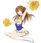  :d arm_up armpits blush breasts brown_eyes brown_hair cheerleader chuunibyou_demo_koi_ga_shitai! full_body hair_ornament hairclip kuuyuu long_hair nibutani_shinka one_side_up open_mouth pom_poms side_ponytail sitting skirt smile solo wariza 