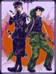  black_hair blonde_hair boots goggles goggles_around_neck gun hat helmet higashikata_jousuke jojo_no_kimyou_na_bouken long_hair mask medal melone military military_uniform mujika multiple_boys peaked_cap pompadour rocket_launcher soldier switch tegaki uniform weapon 