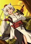  animal_ears blush dutch_angle fang hat highres inubashiri_momiji japanese_clothes kourindou_tengu_costume obi open_mouth red_eyes revision scabbard sheath sheathed silver_hair smile solo sumikaze_midi sunset sword tail tokin_hat touhou weapon wolf_ears wolf_tail 