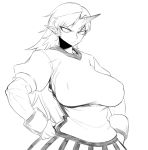  breasts hands_on_hips horn hoshiguma_yuugi large_breasts long_hair monochrome simple_background solo space_jin spacezin touhou white_background 