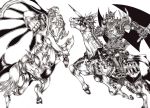  armor cape centaur constellar_omega duel_monster evilswarm_thanatos helmet highres horse monochrome spikes sword unicorn weapon wings yu-gi-oh! yuu-gi-ou 