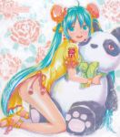  ahoge anklet aqua_eyes aqua_hair artist_name bowtie bracelet china_dress chinese_clothes earrings hatsune_miku heart heart-shaped_pupils high_heels jewelry kneeling long_hair marker_(medium) mayo_riyo open_mouth open_shoes panda pastel_(medium) sandals shoes solo stuffed_animal stuffed_toy symbol-shaped_pupils teddy_bear traditional_media twintails very_long_hair vocaloid 