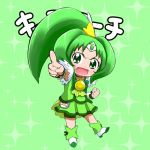  :o bike_shorts bootyan bowtie brooch character_name child choker clenched_hand cure_march dress green green_background green_dress green_eyes green_hair jewelry magical_girl midorikawa_nao pointing ponytail precure shoes short_hair shorts_under_skirt skirt smile smile_precure! solo sparkle translated tri_tails wrist_cuffs young 