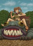  animal barefoot brown_eyes brown_hair cape creature feet frog happy midriff monster original rags riding short_twintails smile soles spinlock teeth tied_hair toes torn_clothes twintails 