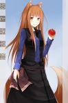  absurdres animal_ears apple brown_hair food fruit highres holding holo long_hair looking_at_viewer mushroom_(artist) red_eyes smile solo spice_and_wolf tail wolf_ears wolf_tail 