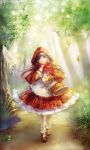  basket big_bad_wolf_(grimm) bird blue_eyes brown_hair forest frog grimm's_fairy_tales hair_bobbles hair_ornament highres hood little_red_riding_hood little_red_riding_hood_(grimm) long_hair mary_janes nature original orry owl shoes skirt twintails wolf 