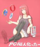  bigoru cd computer internet_explorer looking_at_viewer off_shoulder opera_(web_browser) original personification red_background red_hair redhead simple_background single_shoe sitting skirt smile solo thigh-highs thighhighs zettai_ryouiki 