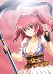  belt black_gloves blush breasts cleavage coin collarbone diesel-turbo fingerless_gloves gloves hair_bobbles hair_ornament large_breasts looking_at_viewer onozuka_komachi puffy_sleeves red_eyes red_hair redhead scythe shirt short_sleeves skirt smile solo touhou two_side_up v 