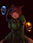  animal_ears blue_fire bow braid cat_ears dress fire hair_bow hair_ornament kaenbyou_rin kirieppa looking_at_viewer naughty_face open_mouth red_eyes red_hair redhead revision skull smile solo spread_legs touhou twin_braids twintails 