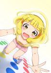  blonde_hair blush down_blouse feet hairband highres kairan-momochi kise_yayoi no_shoes open_mouth precure short_hair shorts smile_precure! socks solo striped striped_socks twister yellow_eyes 