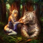  blue_eyes bunny_shake forest grass green_eyes lineage lineage_2 long_hair nature original pointy_ears thigh-highs thighhighs tiger tree white_hair white_tiger 