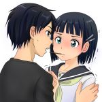  black_eyes black_hair blush green_eyes hair_ornament hairclip kirigaya_suguha kirito pocky pocky_kiss school_uniform shared_food sword_art_online tears trembling 