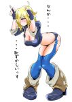  angel_(kof) angel_(kof)_(cosplay) bent_over blonde_hair blue_eyes blush boots breasts cleavage cosplay female hair_over_one_eye jormungand king_of_fighters large_breasts leaning_forward schokolade short_hair shuryoudan_bunny-bu simple_background sleeves_rolled_up snk solo text translated translation_request white_background 