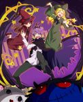  2girls adapted_costume blonde_hair brown_hair cape doll dress flower garry_(ib) hair_over_one_eye halloween hat ib ib_(ib) mary_(ib) multiple_girls nauchi open_mouth purple_hair red_eyes red_rose rose smile star wand witch_hat yellow_rose 