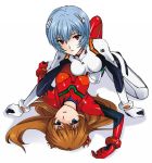  all_fours aoi_chihiro_(ru3ds) ayanami_rei blue_eyes blue_hair bodysuit brown_hair hair_ornament long_hair looking_at_viewer lying multiple_girls neon_genesis_evangelion plugsuit red_eyes short_hair soryu_asuka_langley souryuu_asuka_langley 