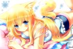  alternate_costume animal_ears aoi_(naomi) artist_name blonde_hair blue_eyes blush breast_press breasts fox_ears fox_tail highres large_breasts leg_up long_hair lying naomi_(sekai_no_hate_no_kissaten) off_shoulder on_stomach original pillow shorts signature smile solo strap_slip tail 