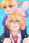  blazer blonde_hair brown_eyes carrying crossover glasses green_eyes haninozuka_mitsukuni male multiple_boys necktie open_mouth ouran_high_school_host_club school_uniform shinomiya_natsuki short_hair shoulder_carry smile stuffed_animal stuffed_toy uta_no_prince-sama 