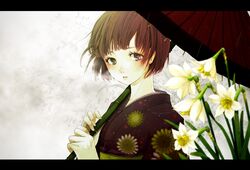  blue_eyes brown_hair flower green_eyes heterochromia highres japanese_clothes kimono letterboxed original puna_nezuki rain short_hair solo umbrella 