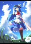 blue_hair boots cloud clouds cross-laced_footwear flower food fruit grass hand_on_hat hat highres hinanawi_tenshi knee_boots lace-up_boots letterboxed peach petals red_eyes revision scenery skirt sky smile solo sword_of_hisou touhou whitesesame wind