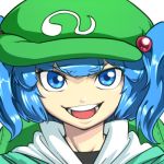  blue_eyes blue_hair face hair_bobbles hair_ornament hat kawashiro_nitori looking_at_viewer lowres open_mouth smile solo space_jin spacezin touhou 