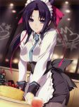  absurdres apron black_hair black_legwear blue_eyes bow breasts cake christmas food hair_bow hair_ribbon highres honjou_manami iizuki_tasuku kimi_to_issho_ni large_breasts lips long_hair maid_headdress necktie pantyhose ponytail ribbon scan smile solo 